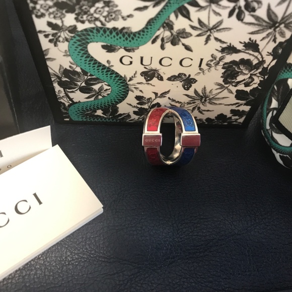 Gucci Silver and Red Blue Enamel Ring - Picture 4 of 9